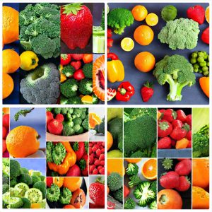 تصاویری از میوه ها و سبزیجات سرشار از اسید اسکوربیک مانند پرتقال، توت فرنگی، کیوی، فلفل دلمه ای و کلم بروکلی